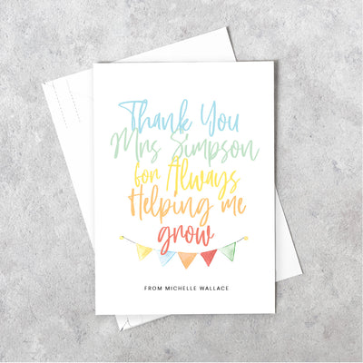 Custom Personalised Teachers Thank You Card, printed on 300gsm card stock, with a thick envelope.