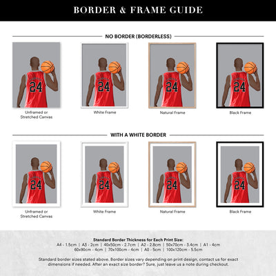 Custom Basketball Player -  Art Print, Poster, Stretched Canvas or Framed Wall Art, Showing White , Black, Natural Frame Colours, No Frame (Unframed) or Stretched Canvas, and With or Without White Borders