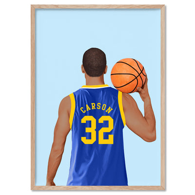 Custom Basketball Player -  Art Print, Poster, Stretched Canvas, or Framed Wall Art Print, shown in a natural timber frame