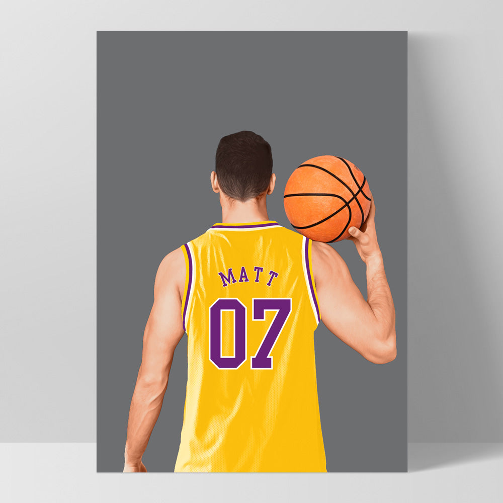 Custom Basketball Player -  Art Print, Poster, Stretched Canvas, or Framed Wall Art Print, shown as a stretched canvas or poster without a frame