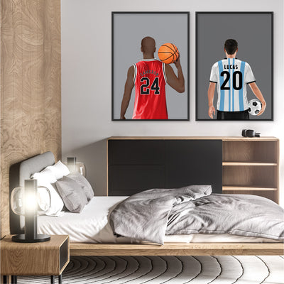 Custom Basketball Player -  Art Print, Poster, Stretched Canvas or Framed Wall Art, shown framed in a home interior space