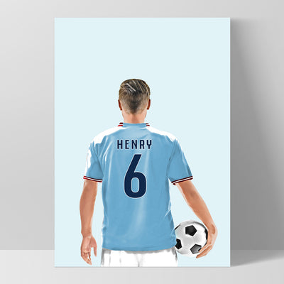 Custom Soccerl Player -  Art Print, Poster, Stretched Canvas, or Framed Wall Art Print, shown as a stretched canvas or poster without a frame