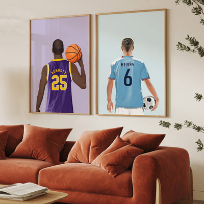 Custom Soccerl Player -  Art Print, Poster, Stretched Canvas or Framed Wall Art, shown framed in a home interior space