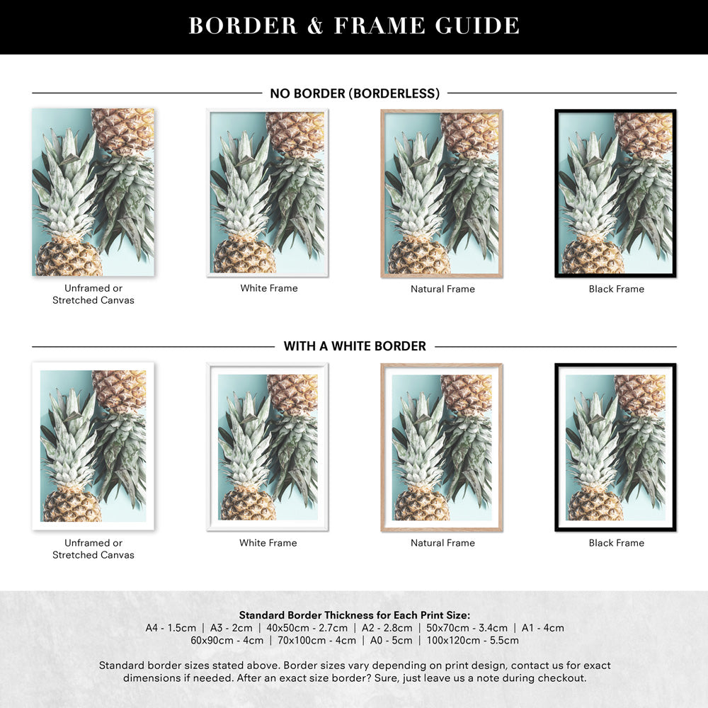 Pineapples on Teal - Art Print, Poster, Stretched Canvas or Framed Wall Art, Showing White , Black, Natural Frame Colours, No Frame (Unframed) or Stretched Canvas, and With or Without White Borders