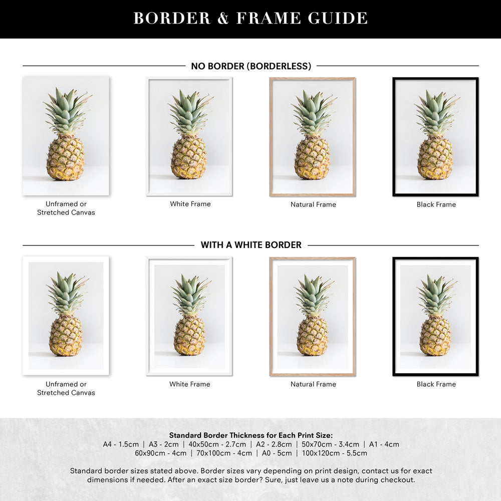 Lone Pinapple - Art Print, Poster, Stretched Canvas or Framed Wall Art, Showing White , Black, Natural Frame Colours, No Frame (Unframed) or Stretched Canvas, and With or Without White Borders