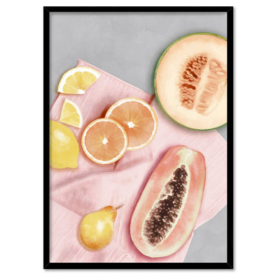 Papaya Fruit Picnic I - Art Print by Vanessa, Poster, Stretched Canvas, or Framed Wall Art Print, shown in a black frame
