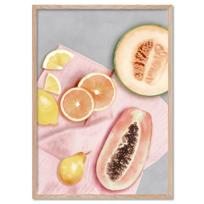 Papaya Fruit Picnic I - Art Print by Vanessa, Poster, Stretched Canvas, or Framed Wall Art Print, shown in a natural timber frame