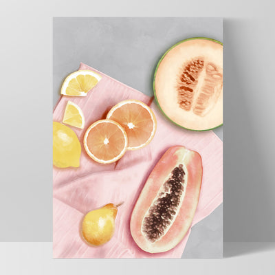 Papaya Fruit Picnic I - Art Print by Vanessa, Poster, Stretched Canvas, or Framed Wall Art Print, shown as a stretched canvas or poster without a frame