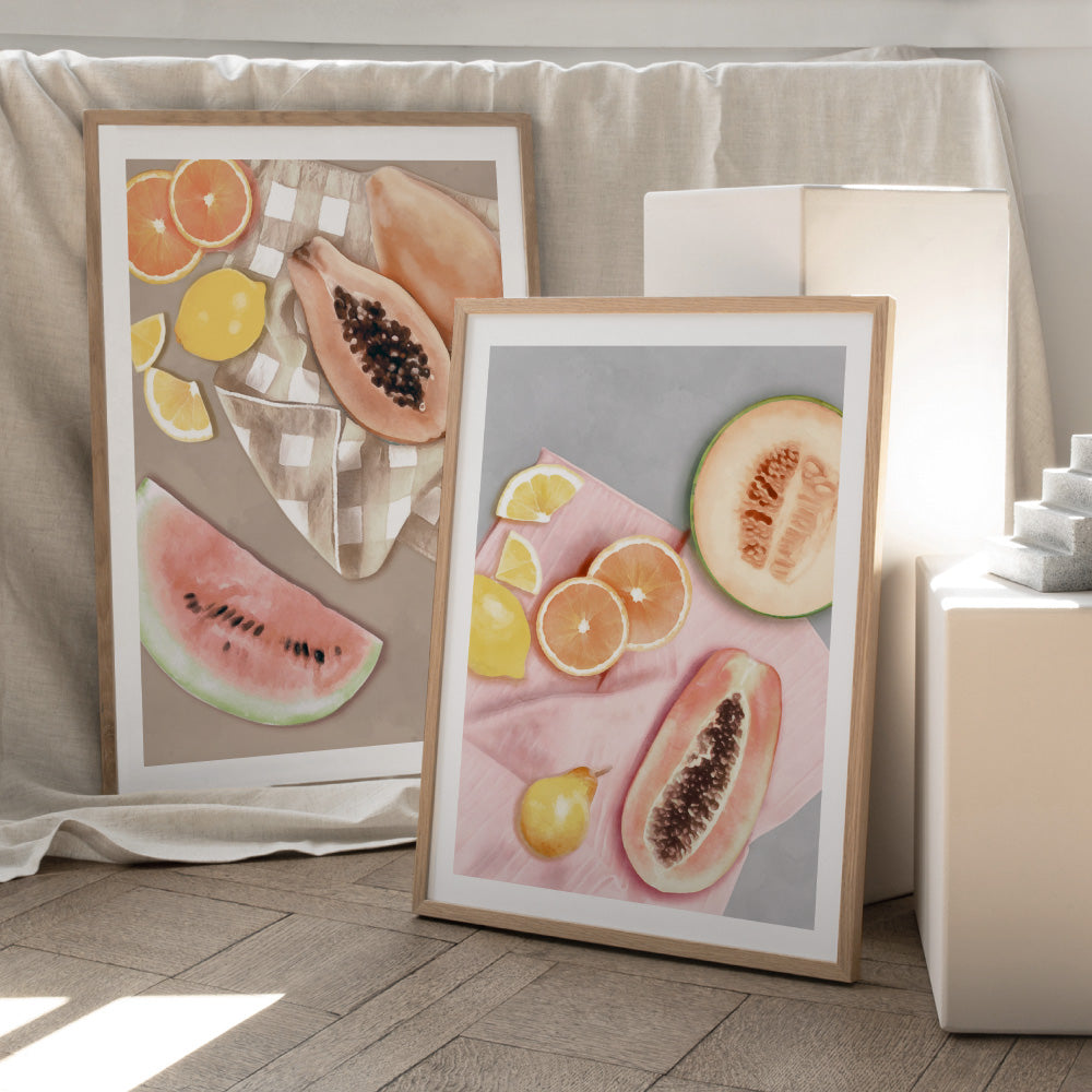 Papaya Fruit Picnic I - Art Print by Vanessa, Poster, Stretched Canvas or Framed Wall Art, shown framed in a home interior space