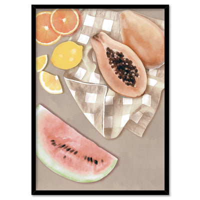 Papaya Fruit Picnic II - Art Print by Vanessa, Poster, Stretched Canvas, or Framed Wall Art Print, shown in a black frame