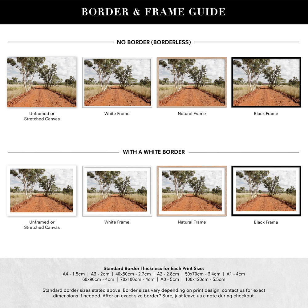 Gumtree Outback Road - Art Print, Poster, Stretched Canvas or Framed Wall Art, Showing White , Black, Natural Frame Colours, No Frame (Unframed) or Stretched Canvas, and With or Without White Borders
