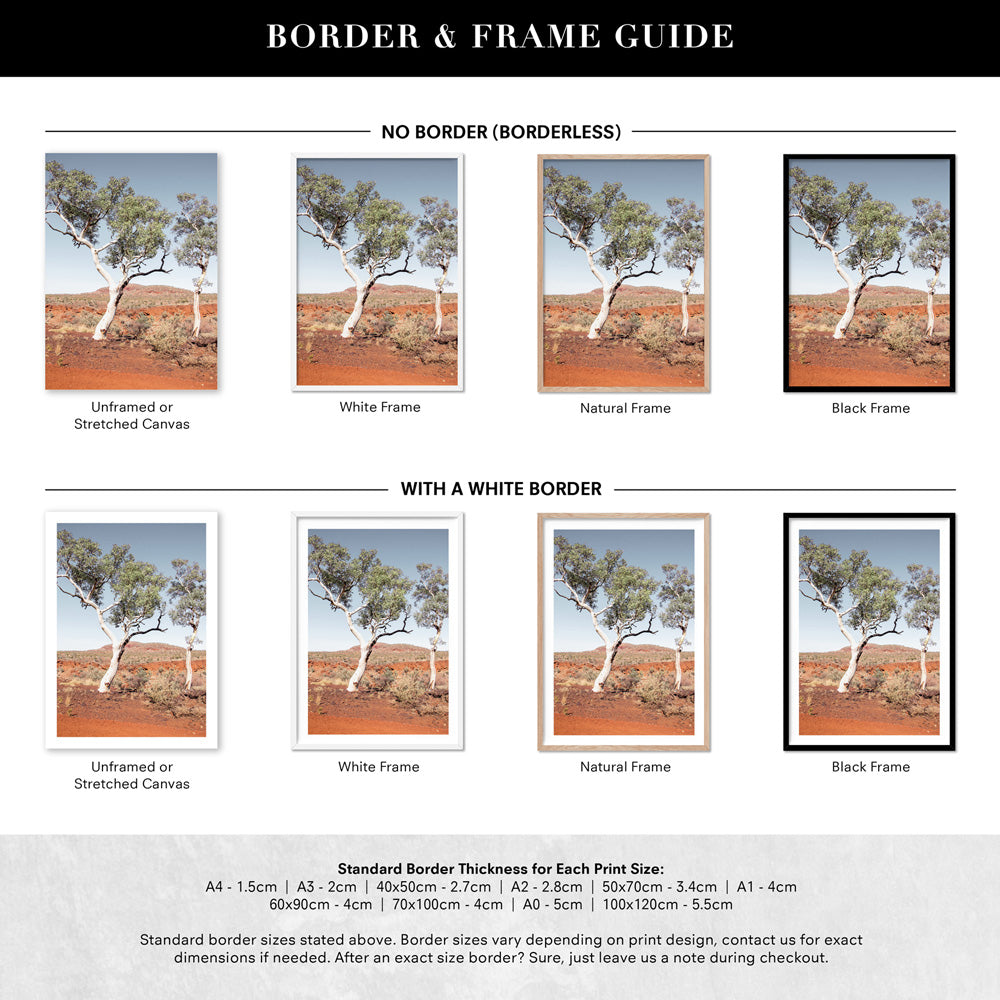 Gumtree Outback View III - Art Print, Poster, Stretched Canvas or Framed Wall Art, Showing White , Black, Natural Frame Colours, No Frame (Unframed) or Stretched Canvas, and With or Without White Borders