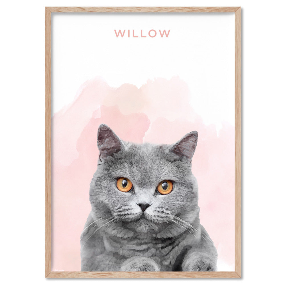 Custom Cat Portrait | Watercolour - Art Print, Poster, Stretched Canvas, or Framed Wall Art Print, shown in a natural timber frame