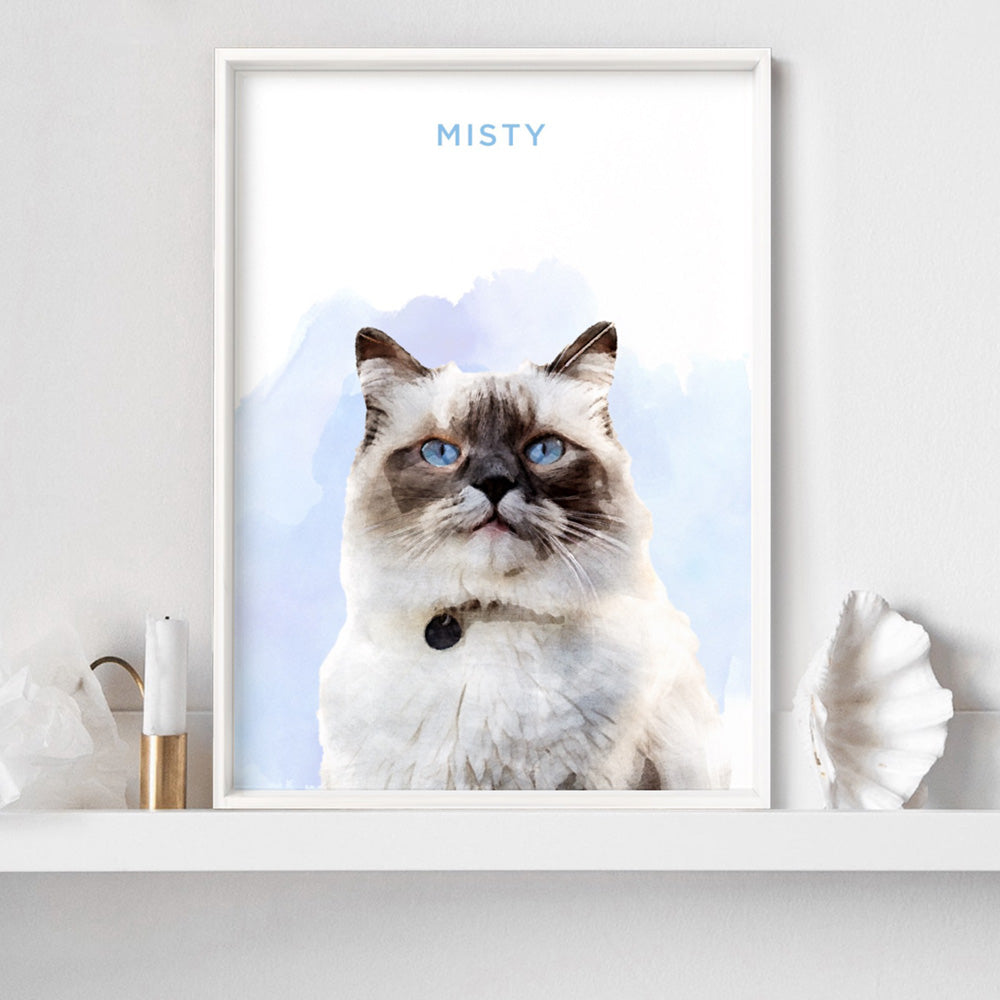 Custom Cat Portrait | Watercolour - Art Print, Poster, Stretched Canvas or Framed Wall Art Prints, shown framed in a room