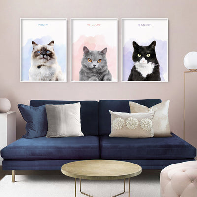 Custom Cat Portrait | Watercolour - Art Print, Poster, Stretched Canvas or Framed Wall Art, shown framed in a home interior space