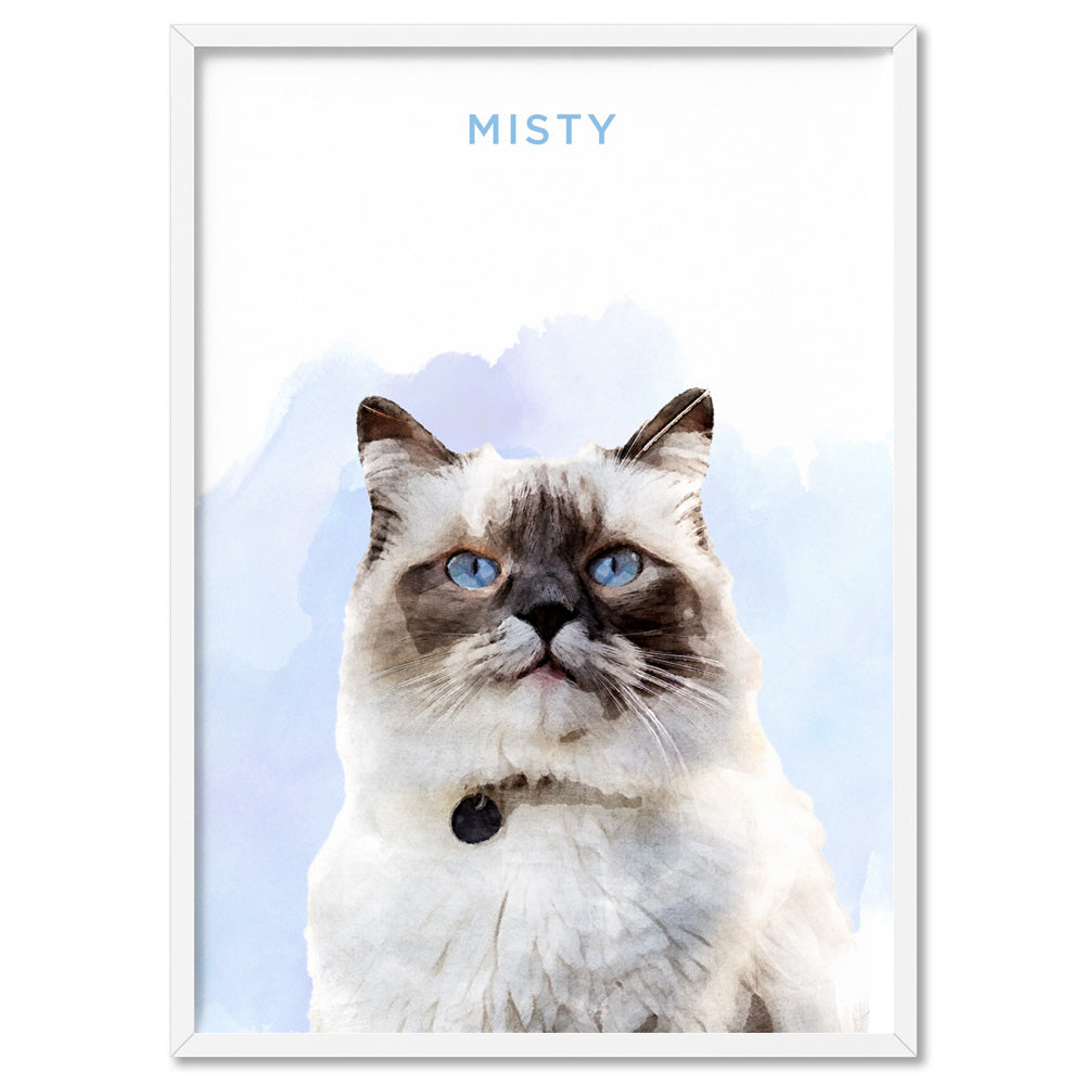 Custom Cat Portrait | Watercolour - Art Print, Poster, Stretched Canvas, or Framed Wall Art Print, shown in a white frame