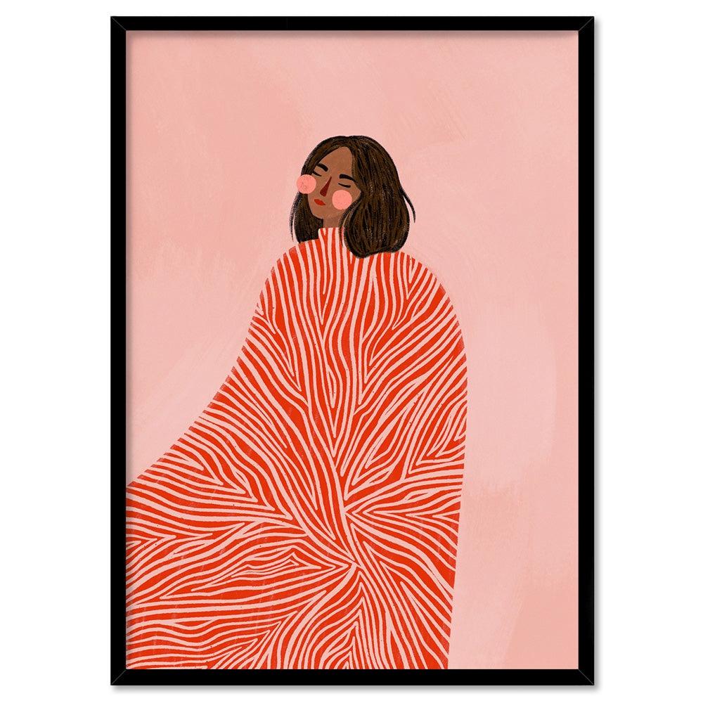 The Woman in the Red Swirls - Art Print by Bea Muller, Poster, Stretched Canvas, or Framed Wall Art Print, shown in a black frame