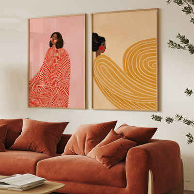 The Woman in the Red Swirls - Art Print by Bea Muller, Poster, Stretched Canvas or Framed Wall Art, shown framed in a home interior space
