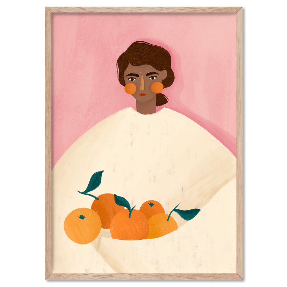 The Woman with the Oranges - Art Print by Bea Muller, Poster, Stretched Canvas, or Framed Wall Art Print, shown in a natural timber frame