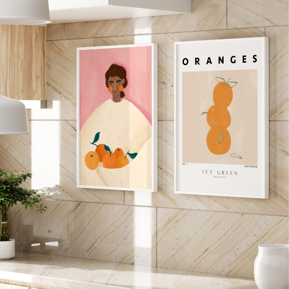 The Woman with the Oranges - Art Print by Bea Muller, Poster, Stretched Canvas or Framed Wall Art, shown framed in a home interior space