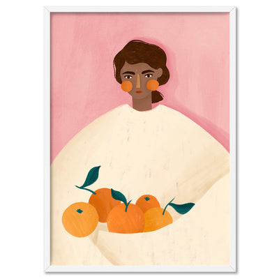 The Woman with the Oranges - Art Print by Bea Muller, Poster, Stretched Canvas, or Framed Wall Art Print, shown in a white frame