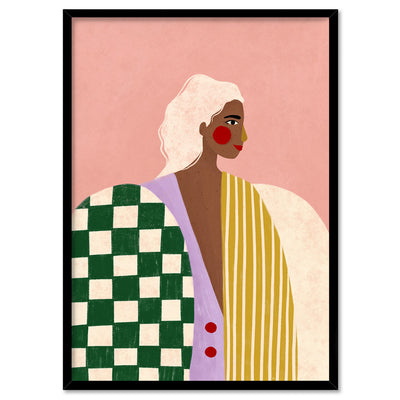 The Woman in the Patterns - Art Print by Bea Muller, Poster, Stretched Canvas, or Framed Wall Art Print, shown in a black frame