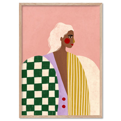The Woman in the Patterns - Art Print by Bea Muller, Poster, Stretched Canvas, or Framed Wall Art Print, shown in a natural timber frame
