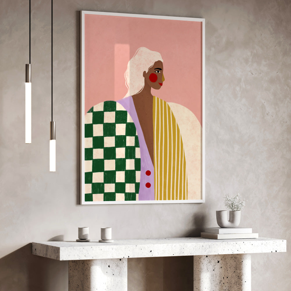 The Woman in the Patterns - Art Print by Bea Muller, Poster, Stretched Canvas or Framed Wall Art Prints, shown framed in a room