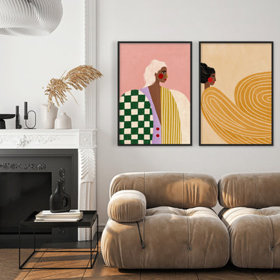 The Woman in the Patterns - Art Print by Bea Muller, Poster, Stretched Canvas or Framed Wall Art, shown framed in a home interior space