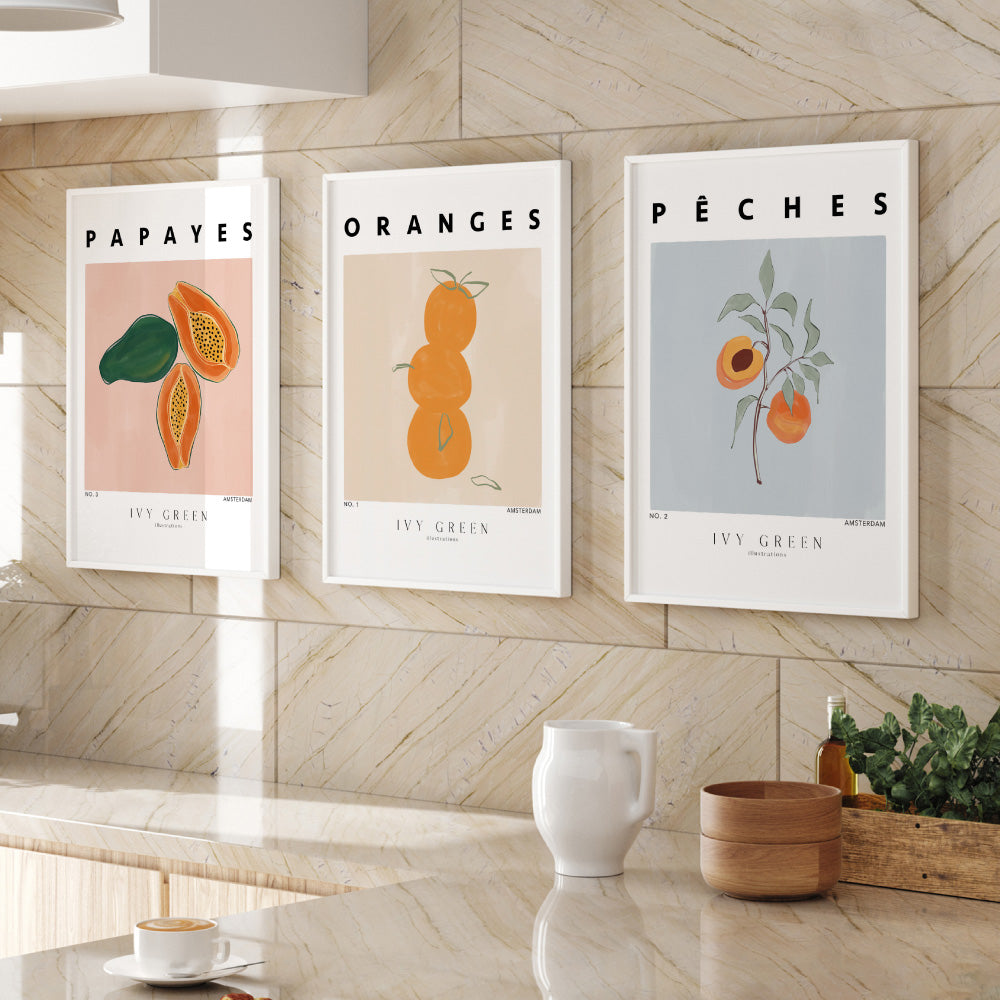 Peaches D'Art - Art Print by Ivy Green Illustrations, Poster, Stretched Canvas or Framed Wall Art, shown framed in a home interior space