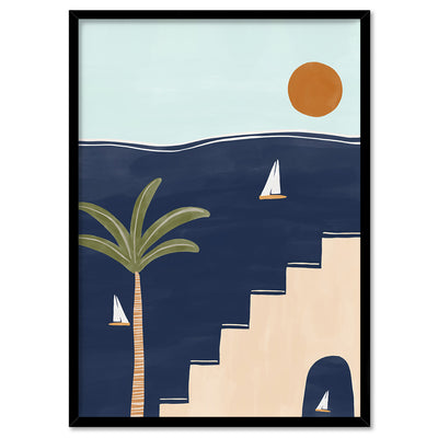 Sailboats in Serenity - Art Print by Ivy Green Illustrations, Poster, Stretched Canvas, or Framed Wall Art Print, shown in a black frame