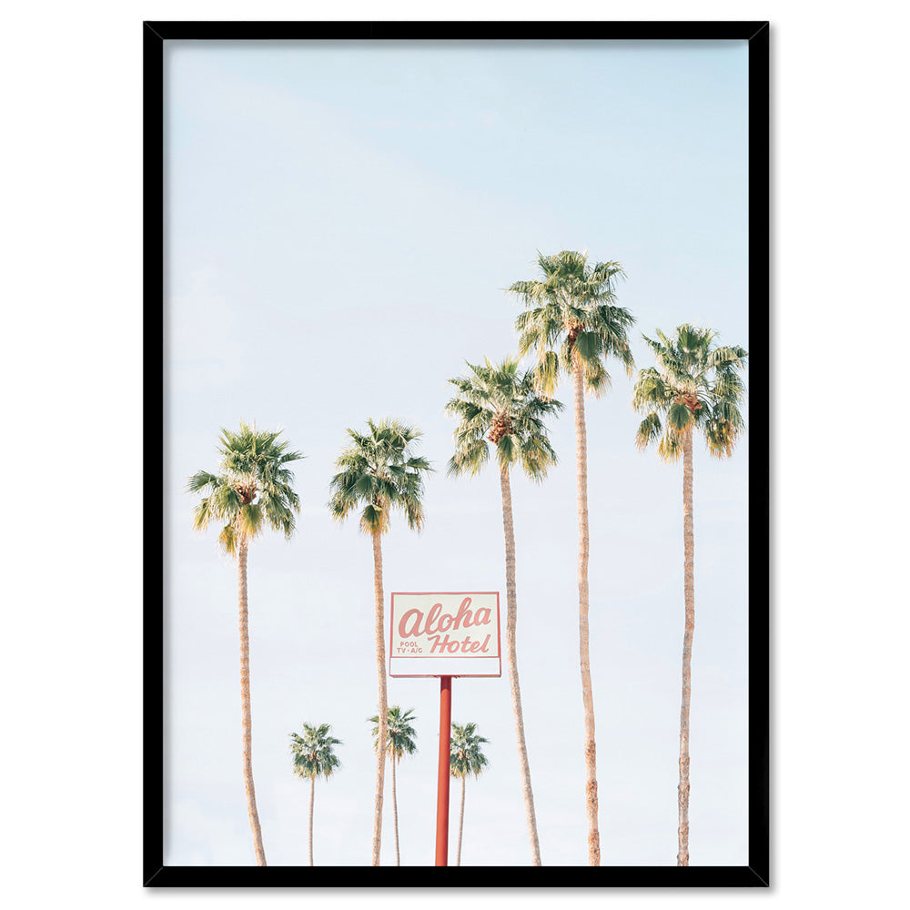 Palm Springs | Aloha Hotel, Poster, Stretched Canvas, or Framed Wall Art Print, shown in a black frame
