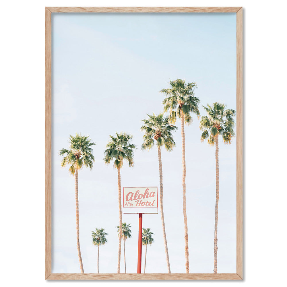 Palm Springs | Aloha Hotel, Poster, Stretched Canvas, or Framed Wall Art Print, shown in a natural timber frame