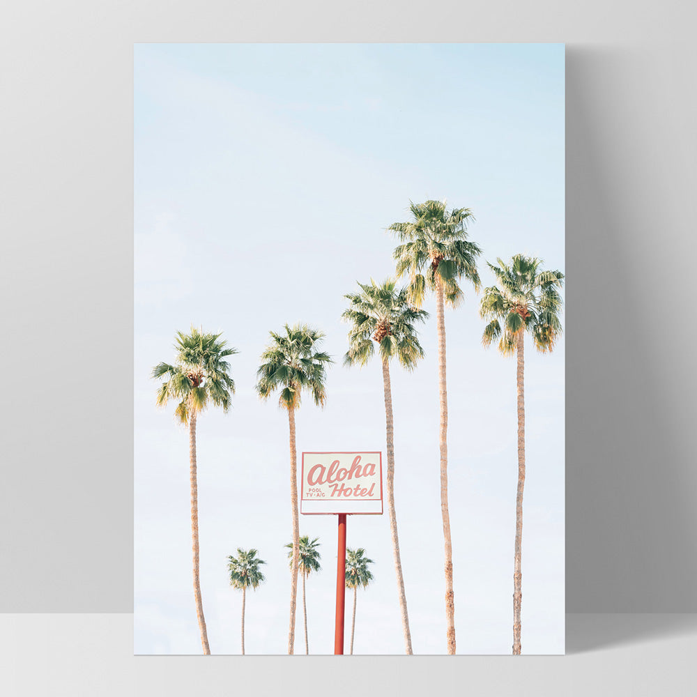 Palm Springs | Aloha Hotel, Poster, Stretched Canvas, or Framed Wall Art Print, shown as a stretched canvas or poster without a frame
