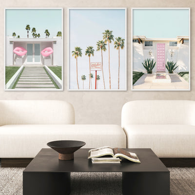 Palm Springs | Aloha Hotel, Poster, Stretched Canvas or Framed Wall Art, shown framed in a home interior space