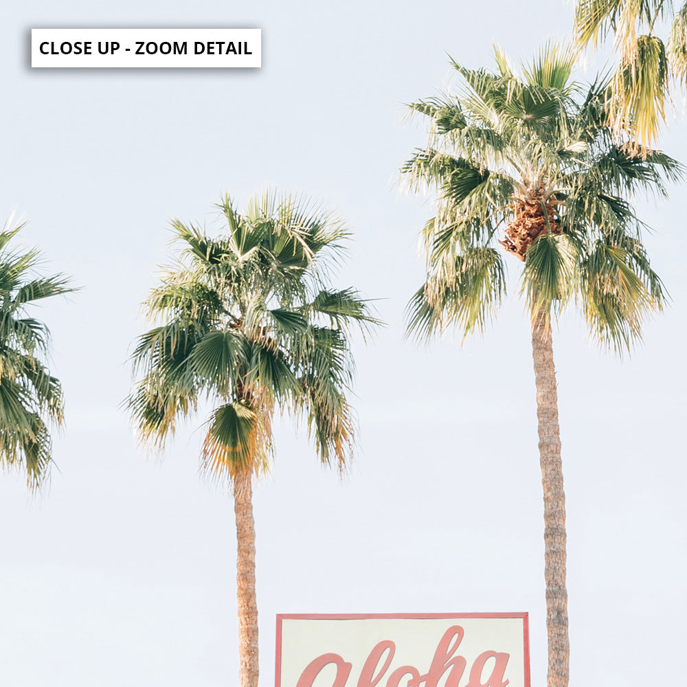 Palm Springs | Aloha Hotel, Poster, Stretched Canvas or Framed Wall Art, Close up View of Print Resolution