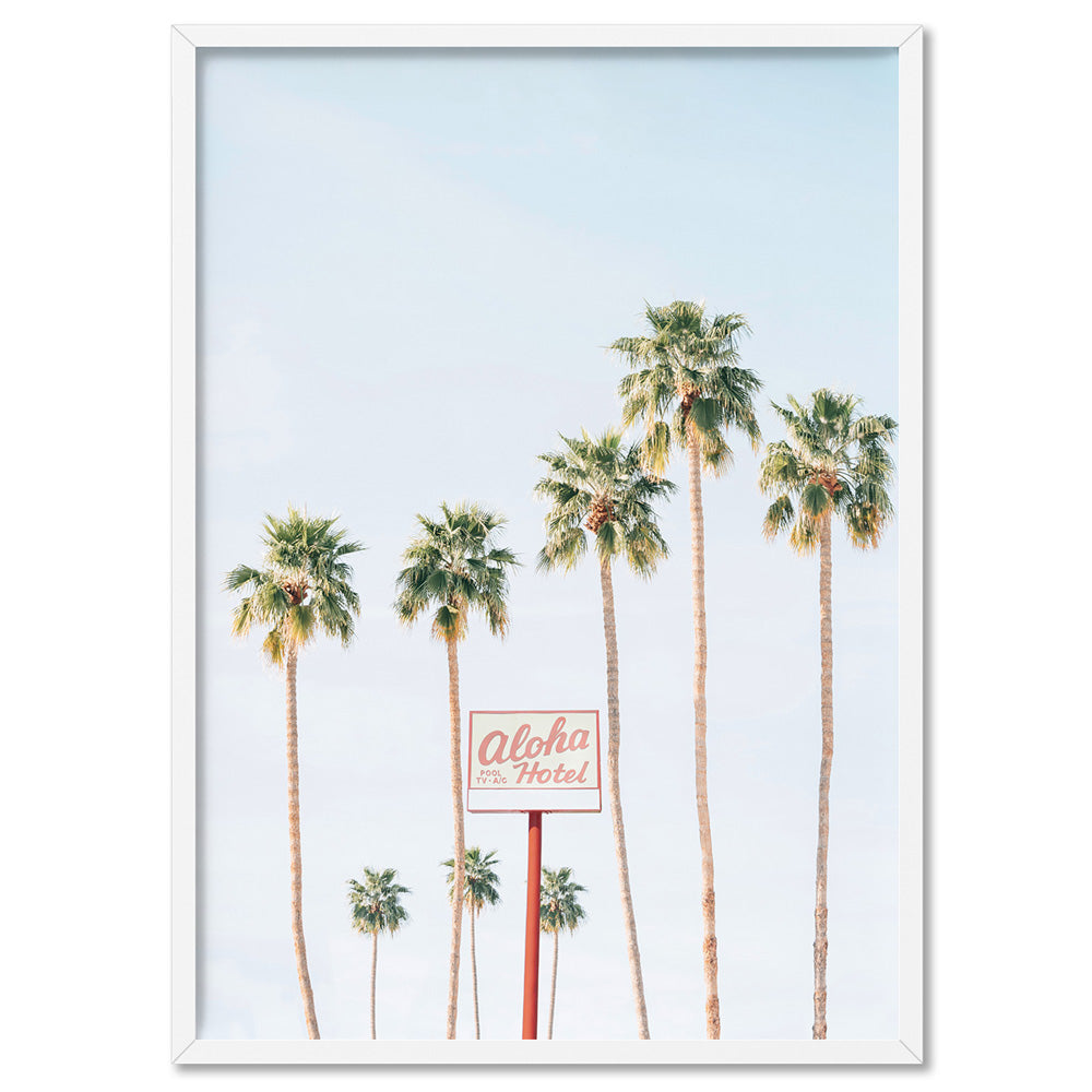 Palm Springs | Aloha Hotel, Poster, Stretched Canvas, or Framed Wall Art Print, shown in a white frame