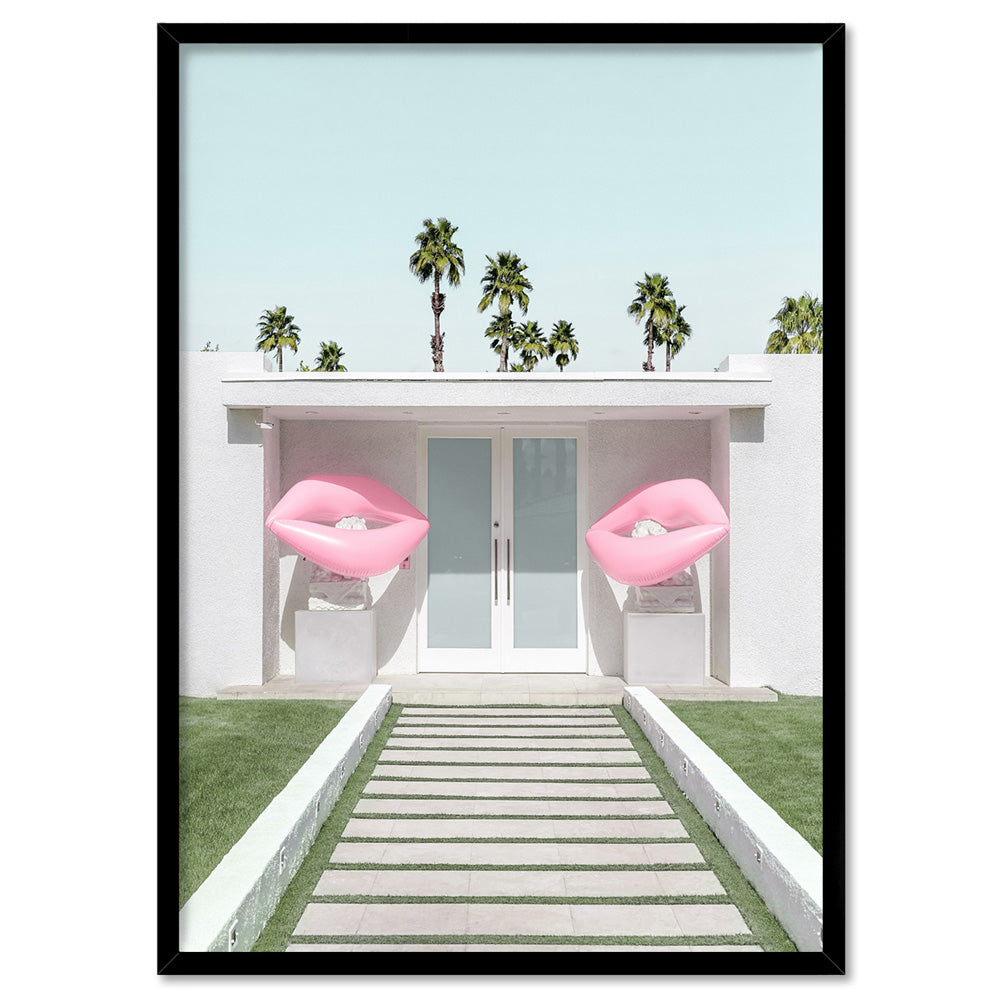 Palm Springs | House with Pink Lips, Poster, Stretched Canvas, or Framed Wall Art Print, shown in a black frame
