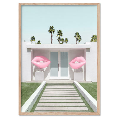 Palm Springs | House with Pink Lips, Poster, Stretched Canvas, or Framed Wall Art Print, shown in a natural timber frame
