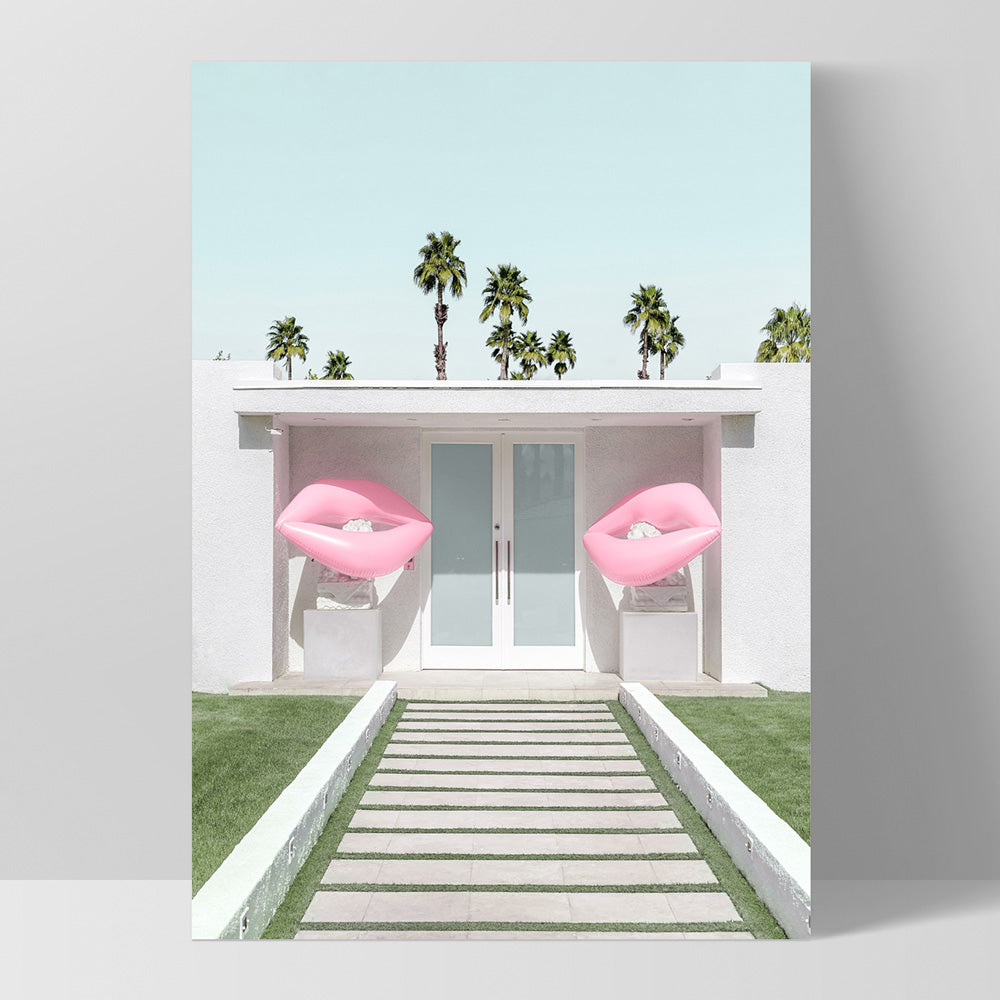 Palm Springs | House with Pink Lips, Poster, Stretched Canvas, or Framed Wall Art Print, shown as a stretched canvas or poster without a frame