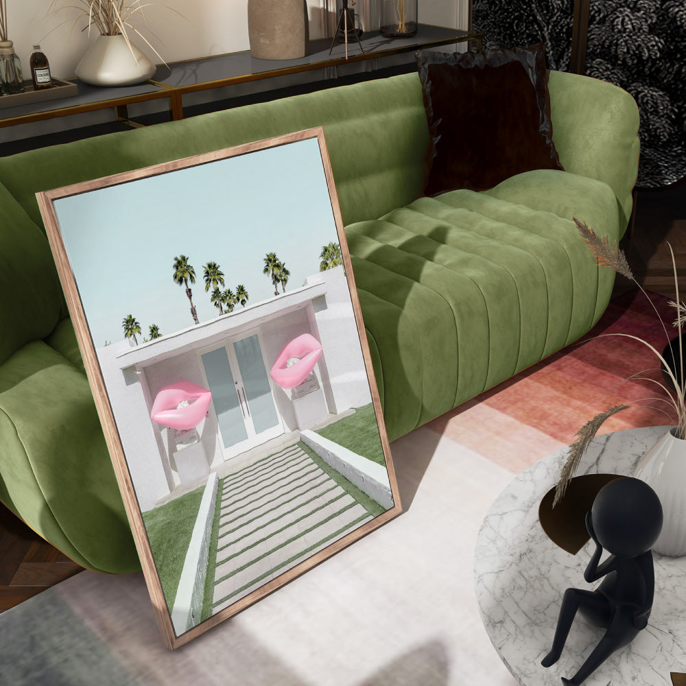 Palm Springs | House with Pink Lips, Poster, Stretched Canvas or Framed Wall Art Prints, shown framed in a room
