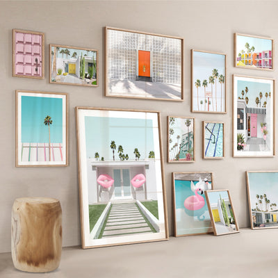 Palm Springs | House with Pink Lips, Poster, Stretched Canvas or Framed Wall Art, shown framed in a home interior space
