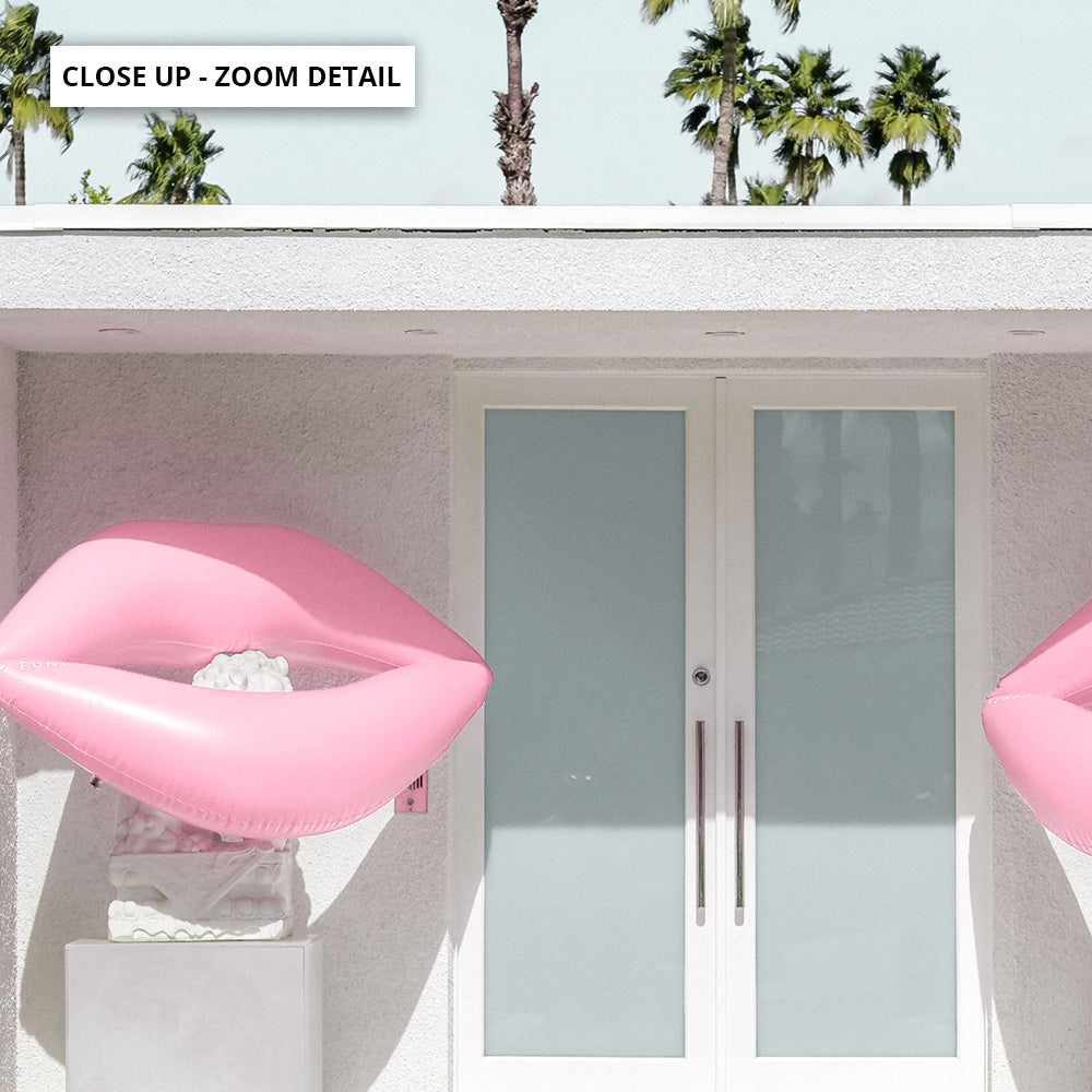 Palm Springs | House with Pink Lips, Poster, Stretched Canvas or Framed Wall Art, Close up View of Print Resolution