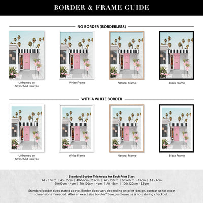 Palm Springs | Pink Flamingos, Poster, Stretched Canvas or Framed Wall Art, Showing White , Black, Natural Frame Colours, No Frame (Unframed) or Stretched Canvas, and With or Without White Borders