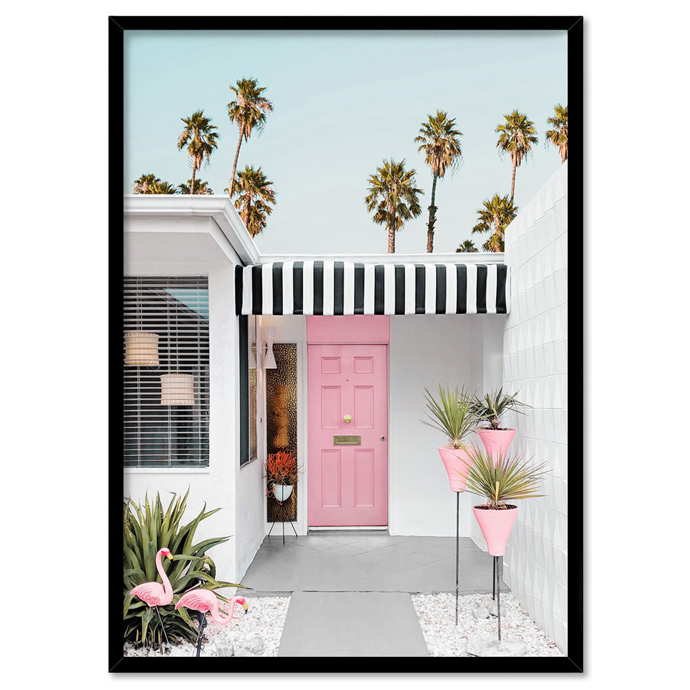 Palm Springs | Pink Flamingos, Poster, Stretched Canvas, or Framed Wall Art Print, shown in a black frame