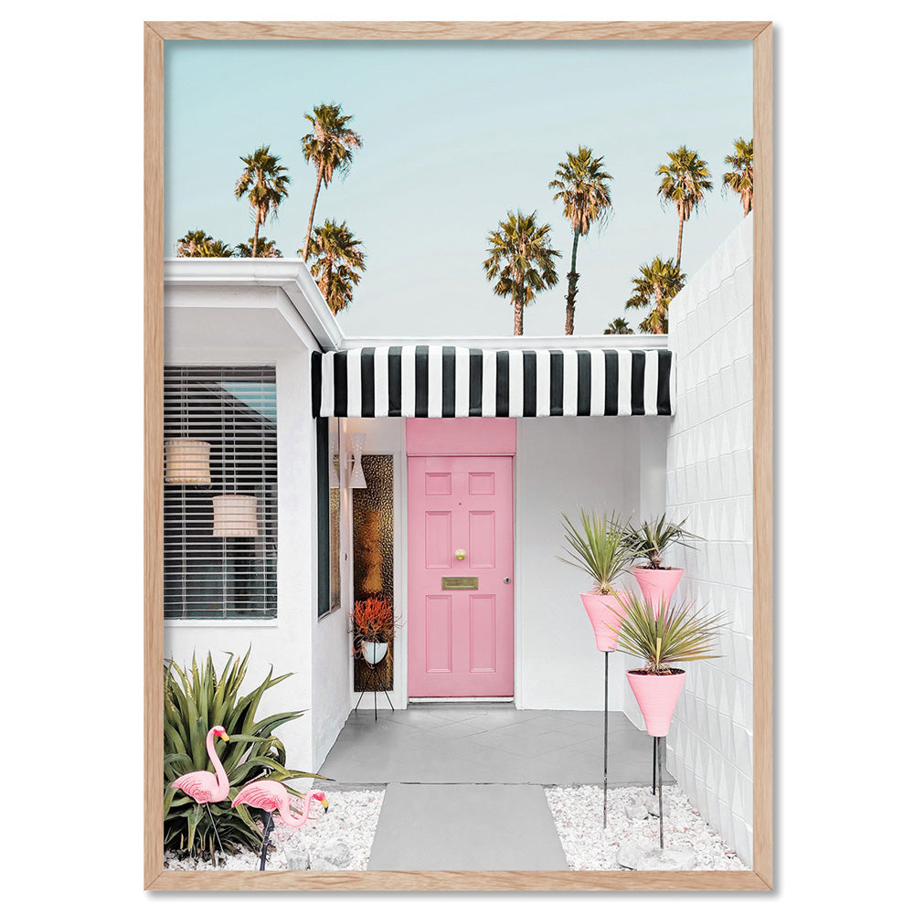 Palm Springs | Pink Flamingos, Poster, Stretched Canvas, or Framed Wall Art Print, shown in a natural timber frame