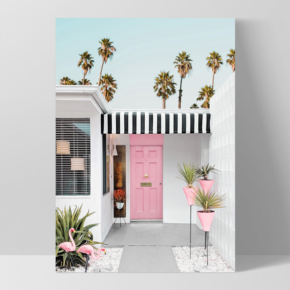 Palm Springs | Pink Flamingos, Poster, Stretched Canvas, or Framed Wall Art Print, shown as a stretched canvas or poster without a frame