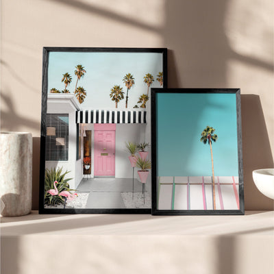Palm Springs | Pink Flamingos, Poster, Stretched Canvas or Framed Wall Art, shown framed in a home interior space