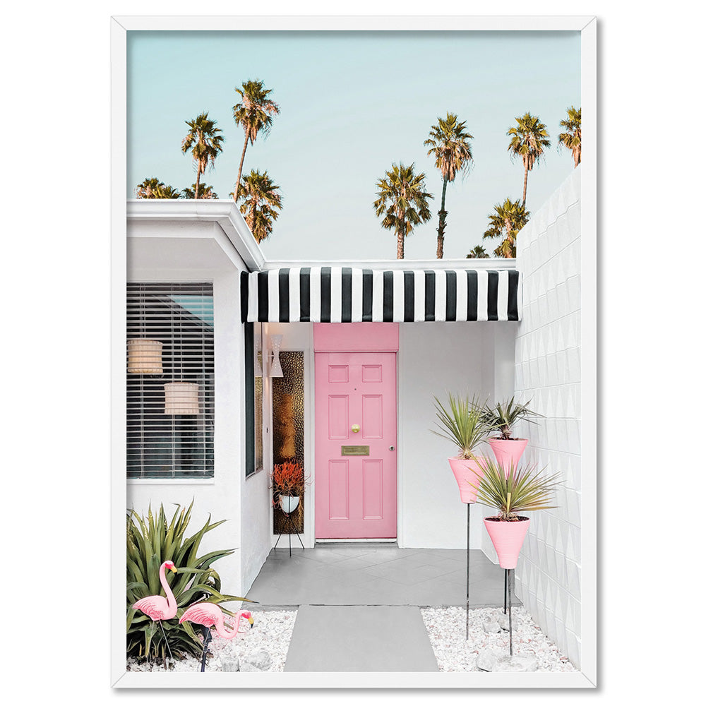 Palm Springs | Pink Flamingos, Poster, Stretched Canvas, or Framed Wall Art Print, shown in a white frame