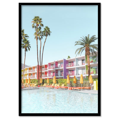 Palm Springs | Saguaro Hotel V, Poster, Stretched Canvas, or Framed Wall Art Print, shown in a black frame